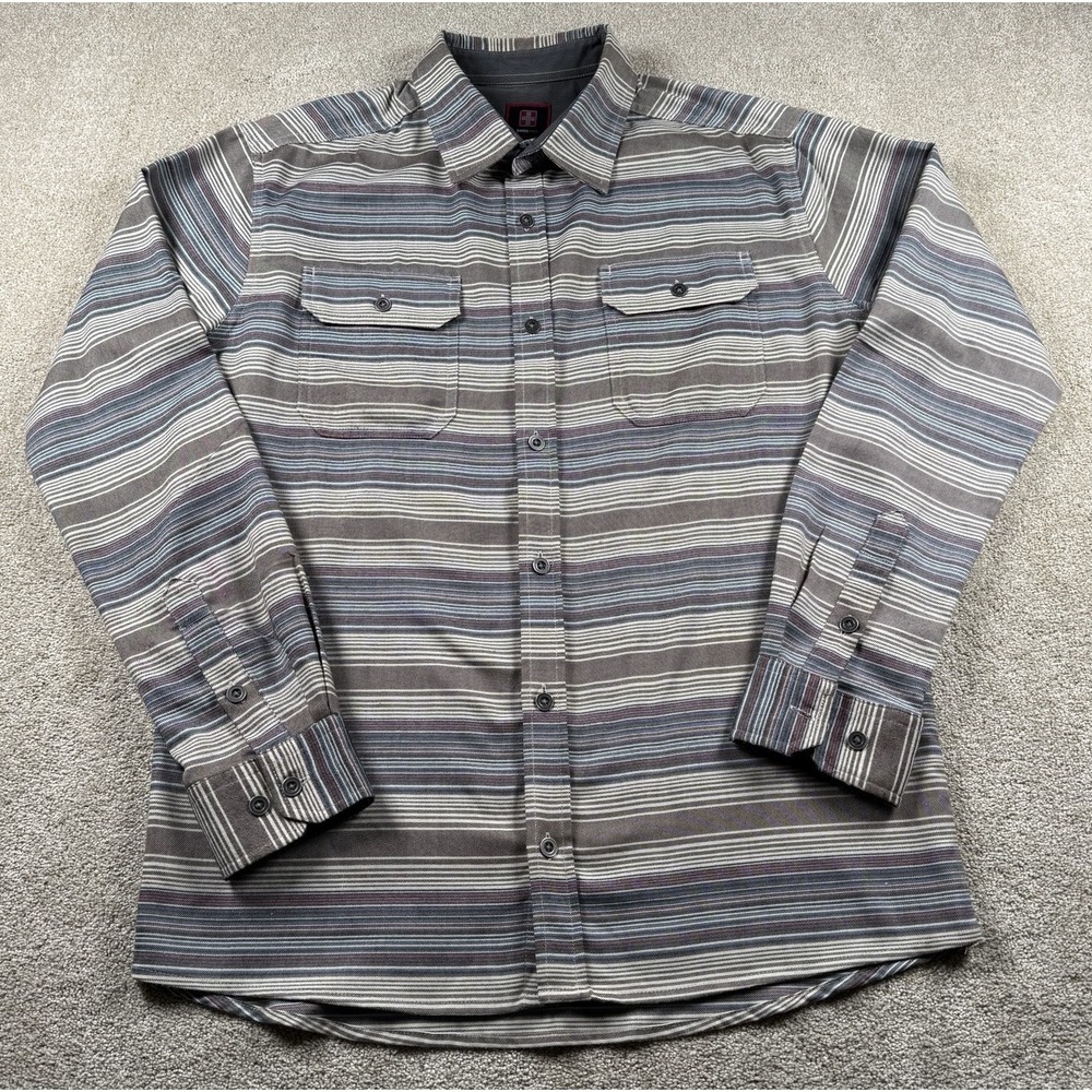 SWISSTECH Men's Large Button Up Long Sleeve Striped Shirt Brown - Picture 2 of 6